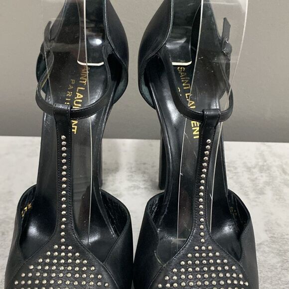 Saint Laurent Paris Black Leather Janis Studded T Strap Platform Pumps Size 37.5 - Picture 4 of 16